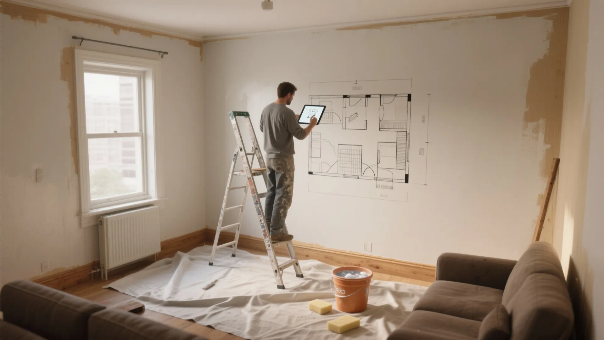 Man standing on ladder and using tablet to check house floor plan on white wall