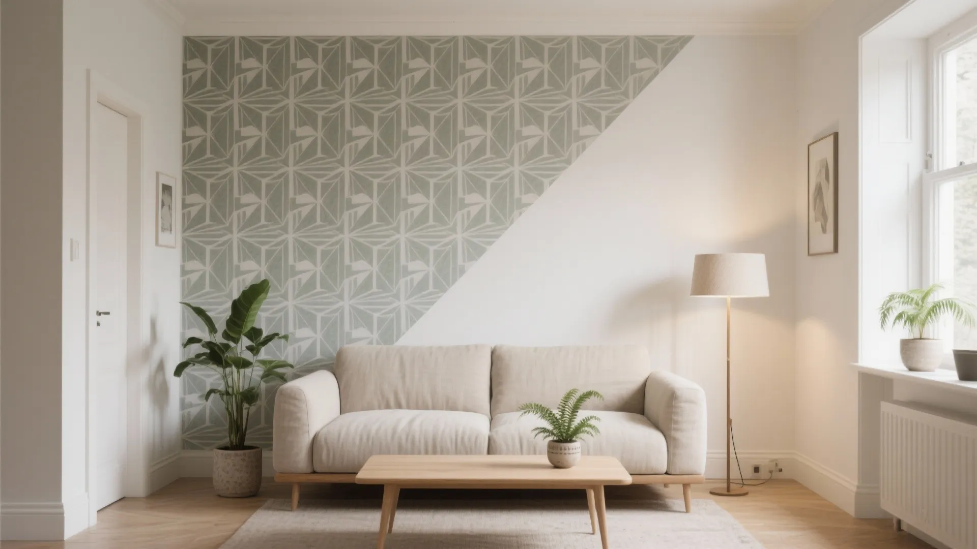 Bright living room with cream sofa wood table and a geometric patterned green wall design
