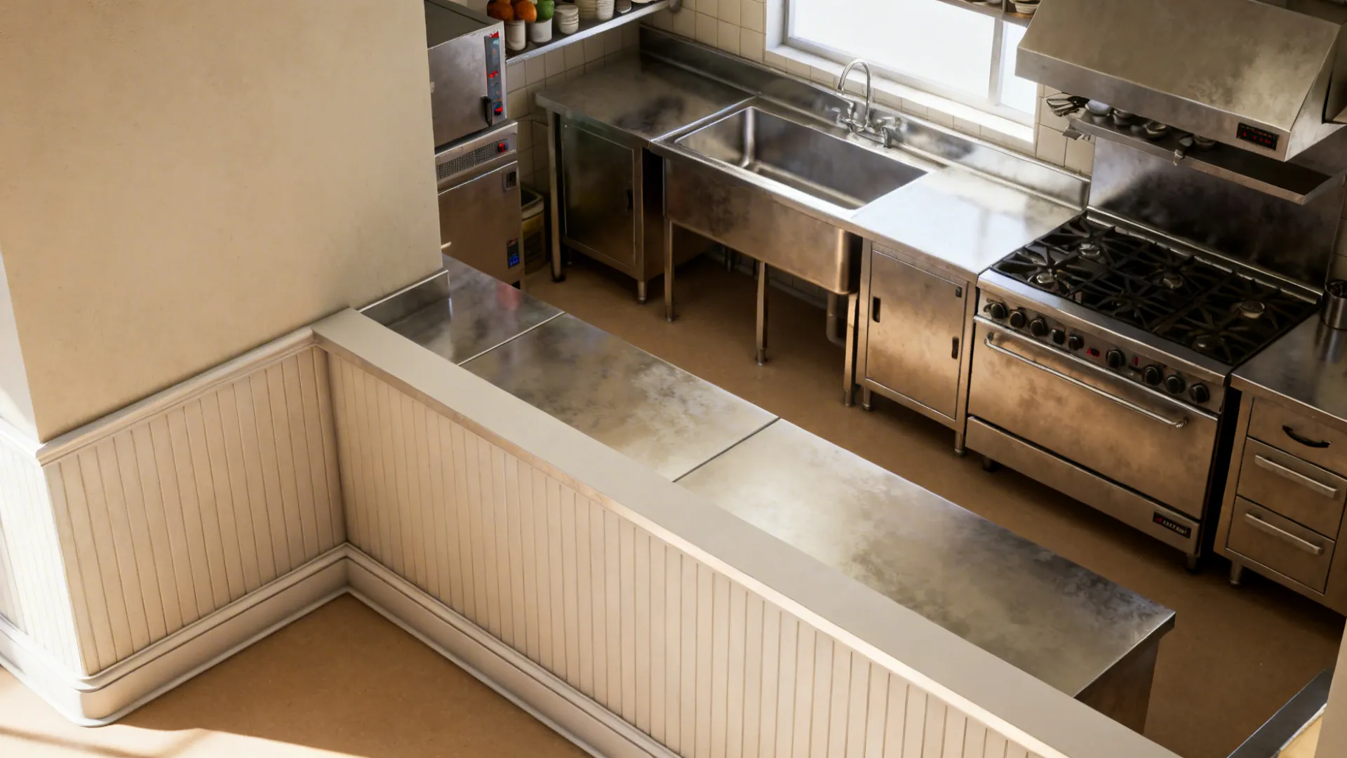 Top view of professional kitchen with stainless steel sink, stove, counters, and white wall panels