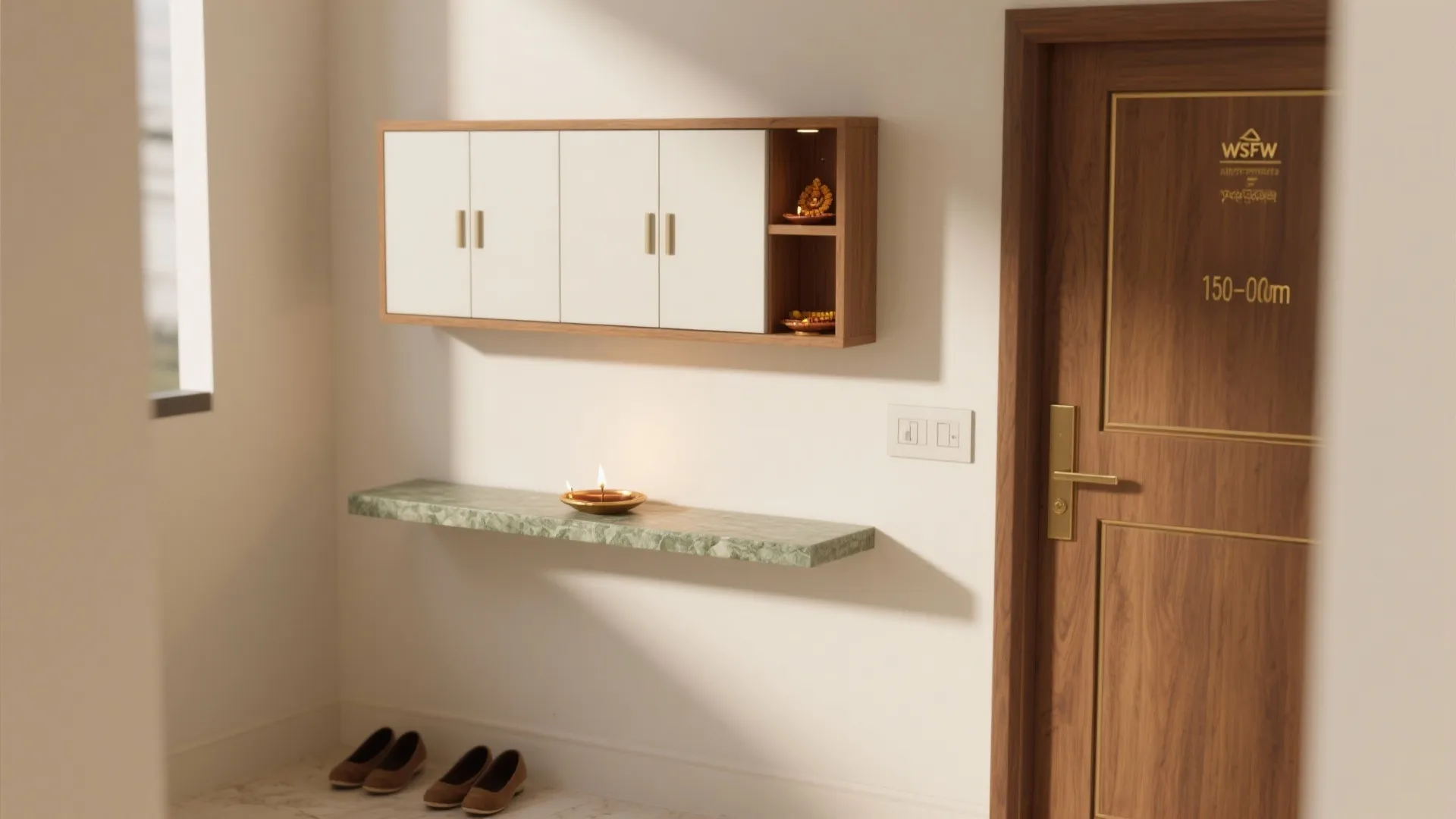 Minimal wall-mounted puja unit with concealed storage