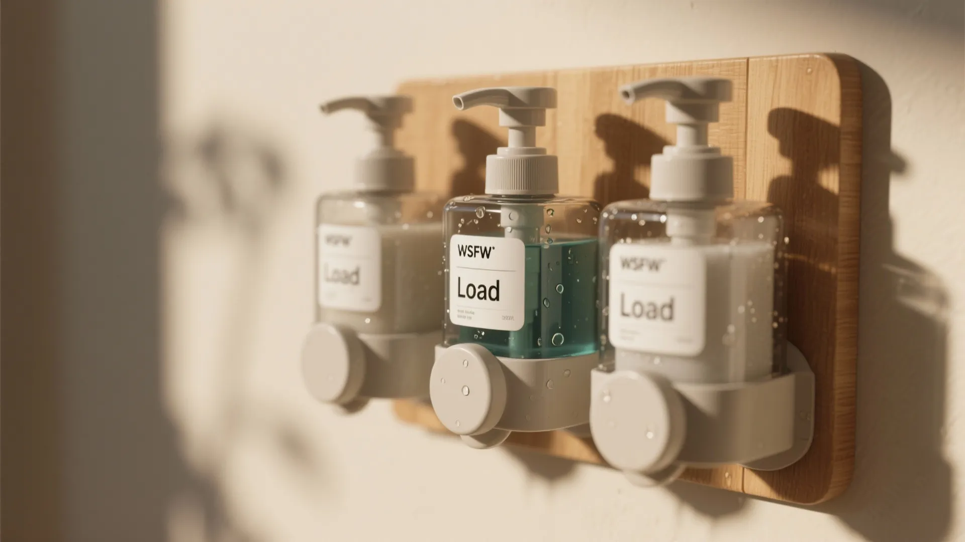Three clear soap dispensers with white pumps mounted on a wooden board on the wall