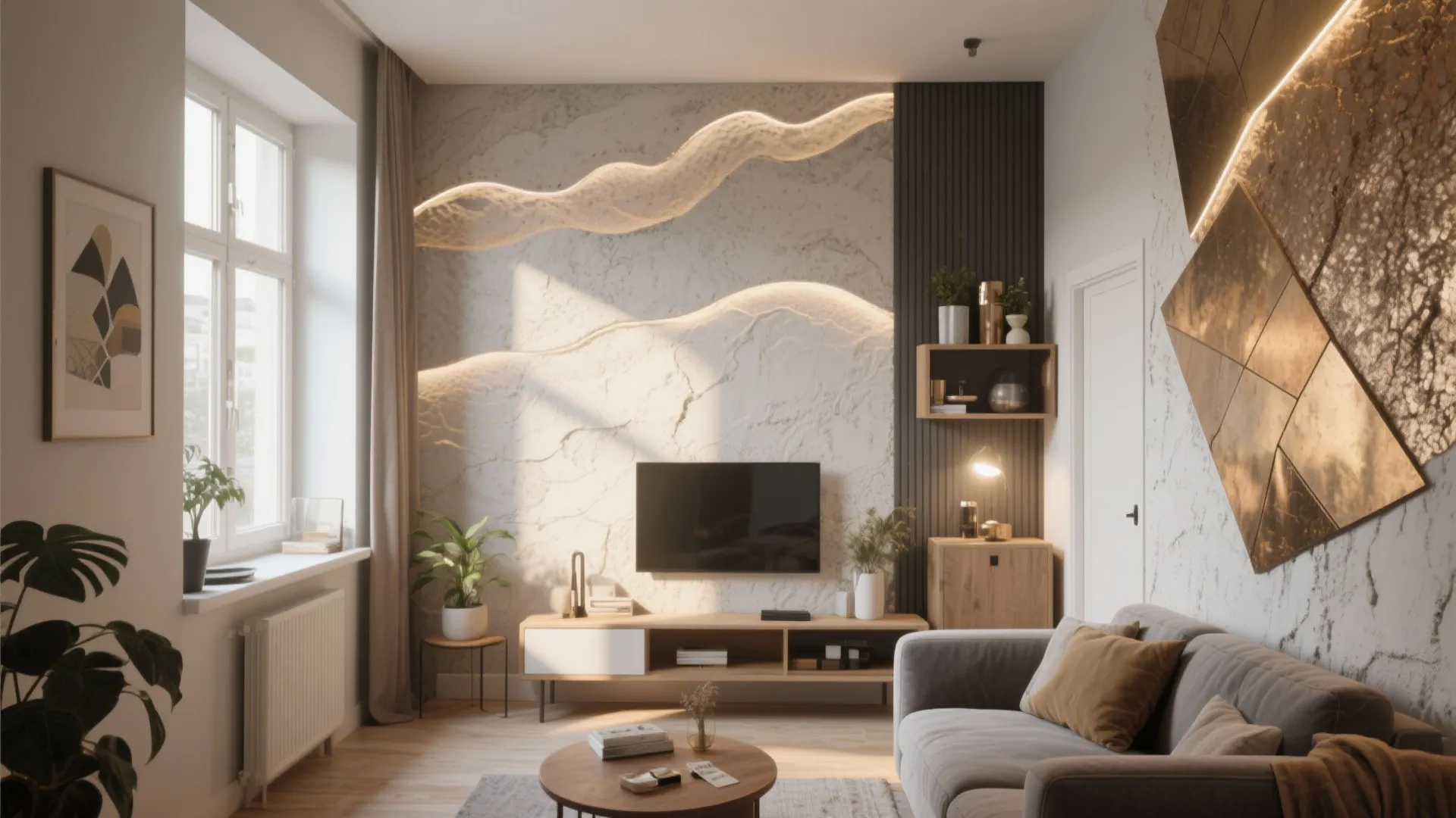 Modern living room featuring a textured stone wall with wavy light fixtures and wooden furniture
