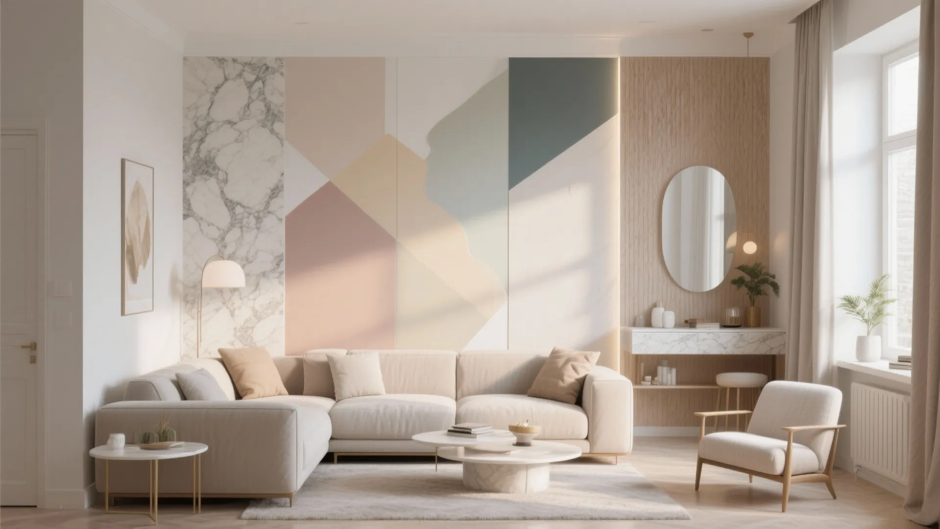Modern living room featuring colorful geometric wall panels cream sofa round coffee table and sunlight