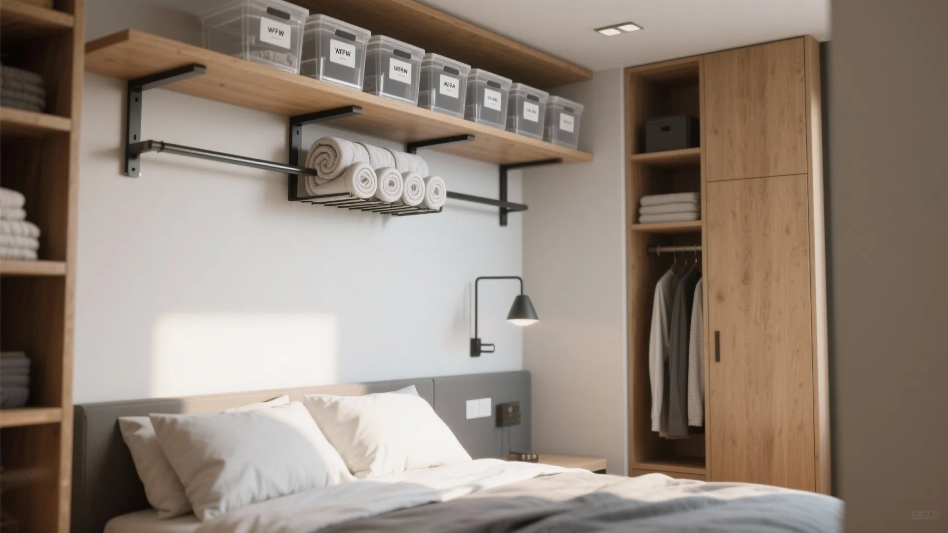 5. Wall-mounted racks and clear bins for visibility