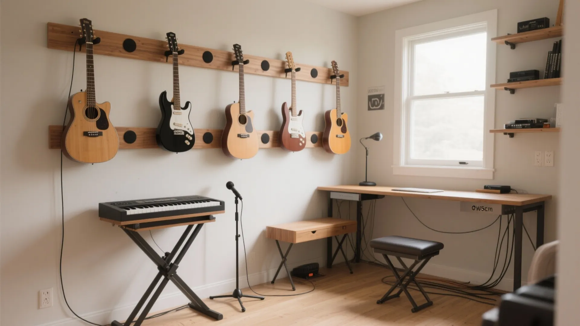 Music room with guitars on wall racks electric piano desk chair and large bright window