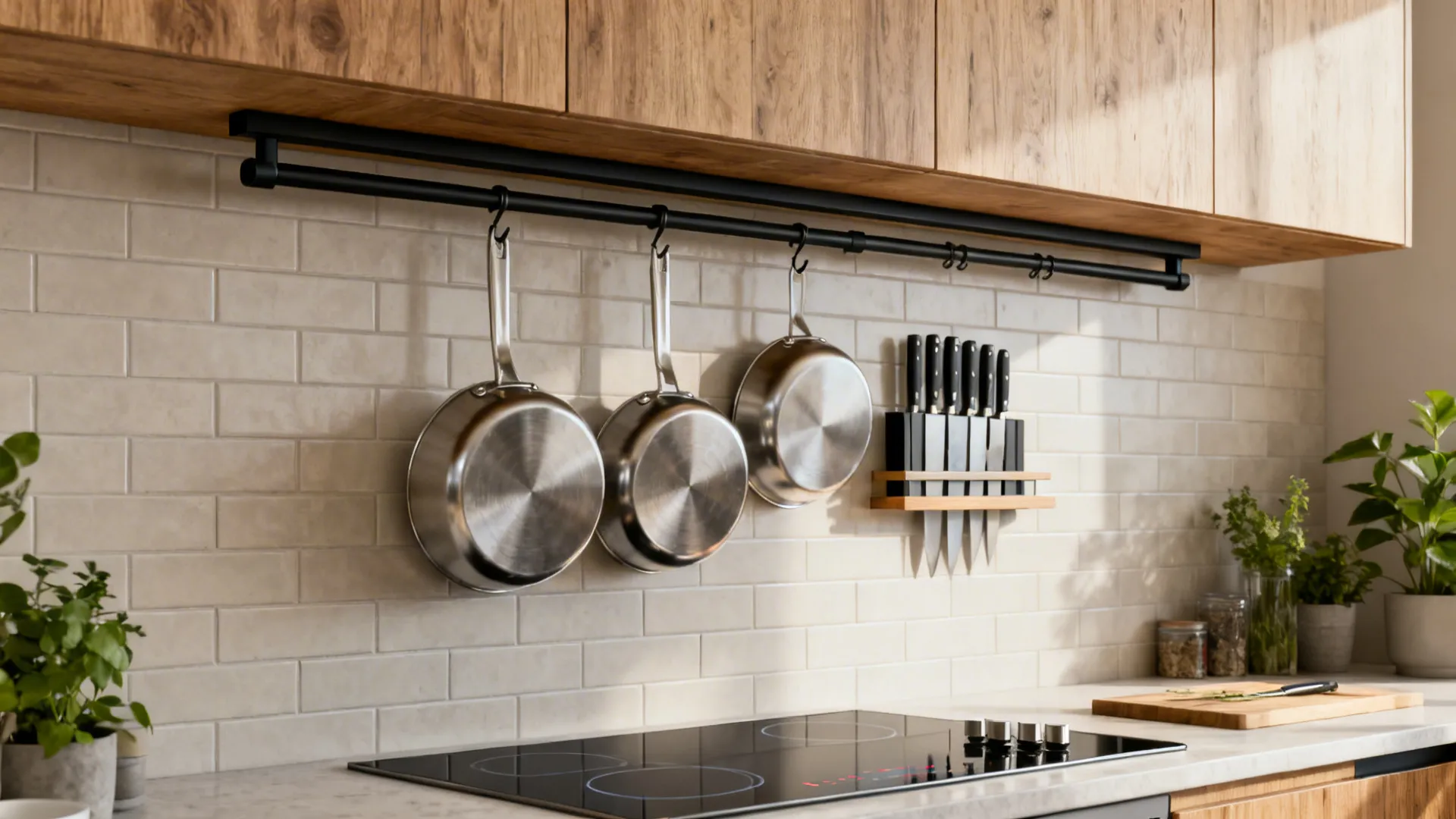 Slim rail above a light tile backsplash holding pans, with knife strip and small shelf in a compact kitchen.