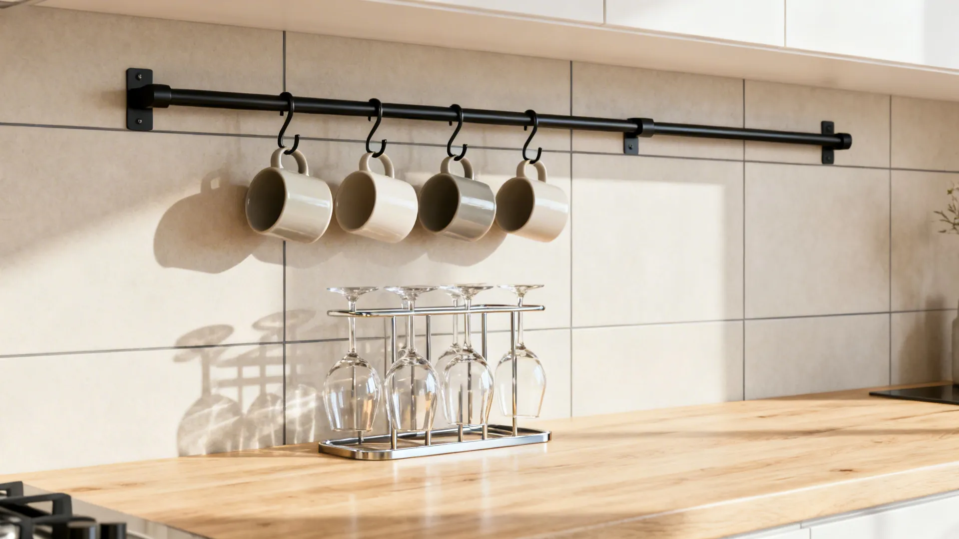 Black wall rail holding mugs and metal wine glass rack on a light wooden countertop