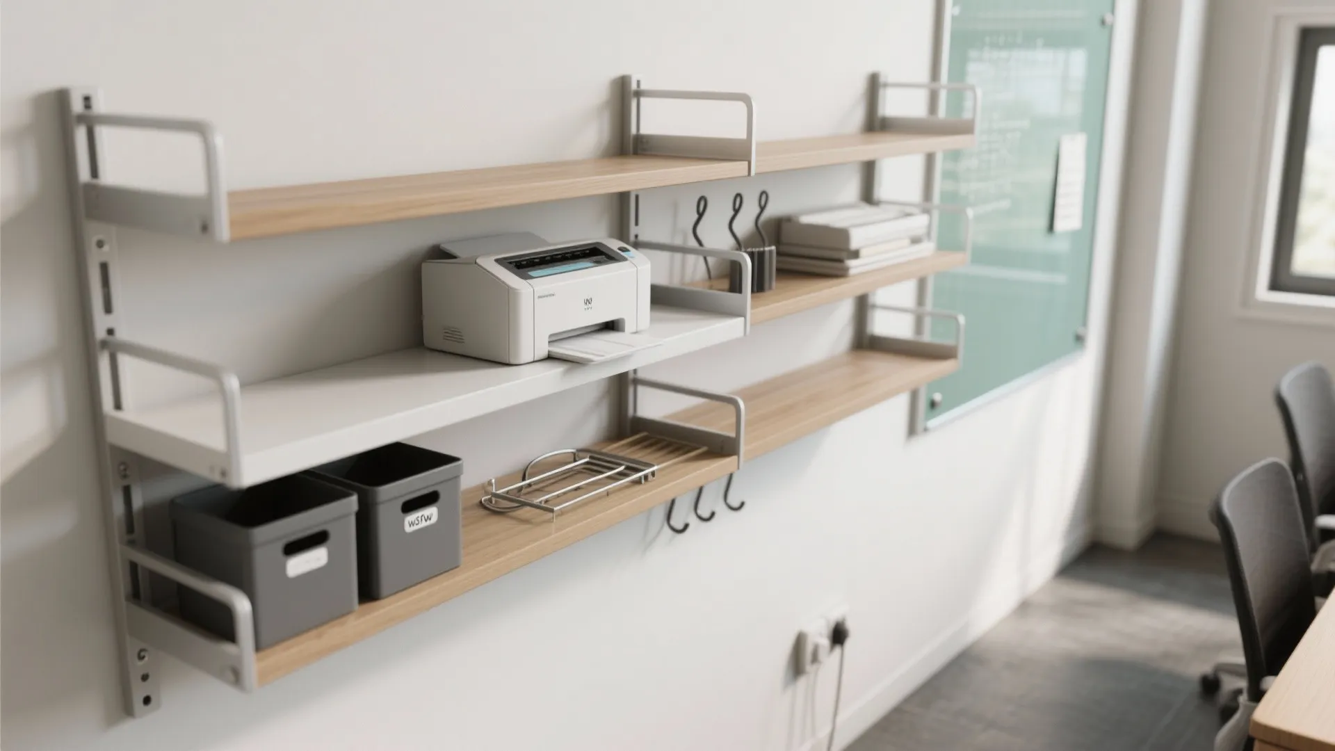 Wall mounted wooden shelves with metal rails holding a white printer boxes and office supplies