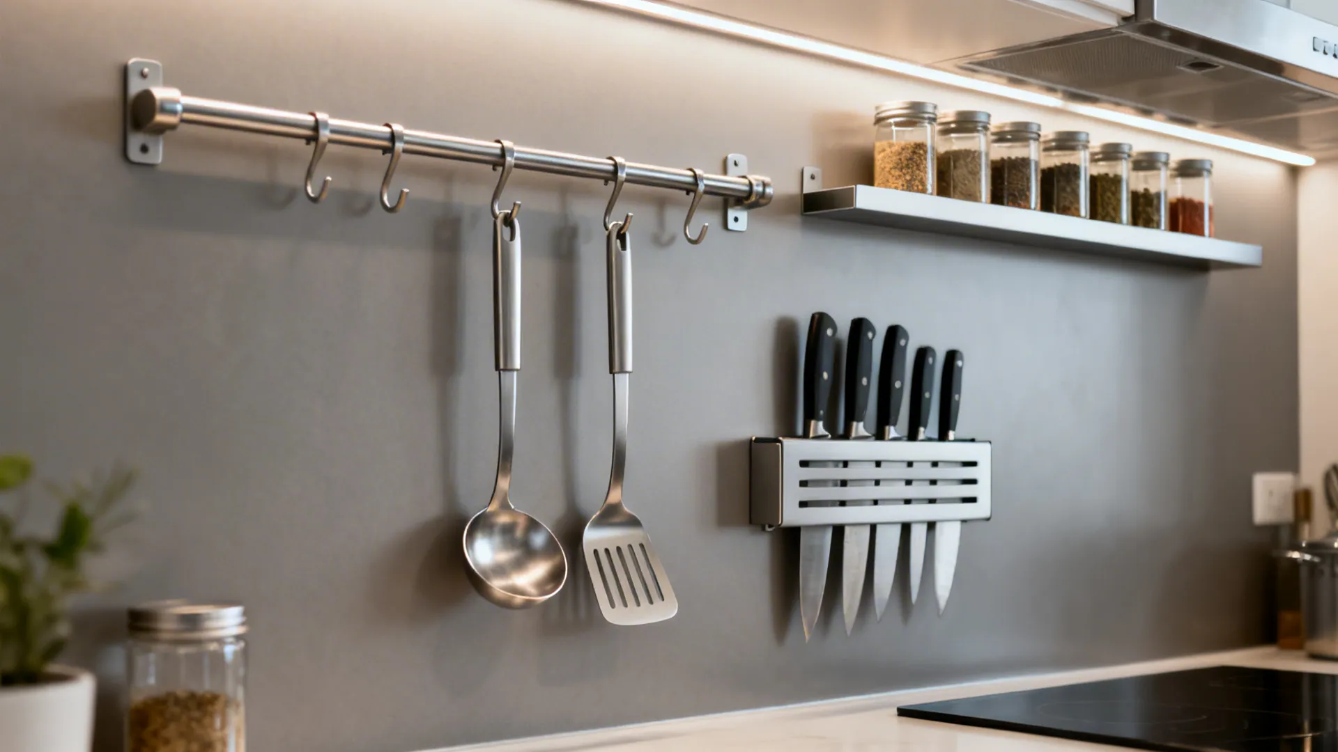 Stainless wall rail with utensils and a magnetic knife bar with uniform spice jars above.