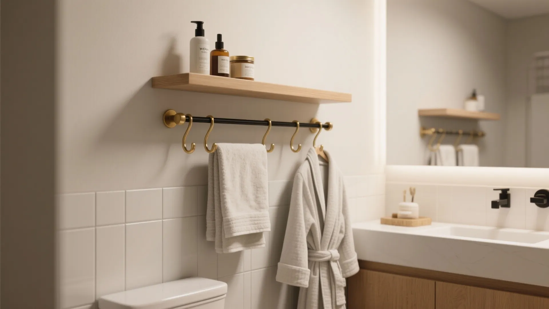 3. Wall-mounted rail with multiple hooks and shelf