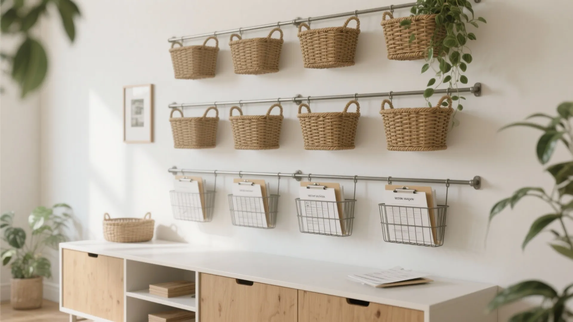 White wall with hanging woven baskets and metal wire bins above a wooden storage cabinet base