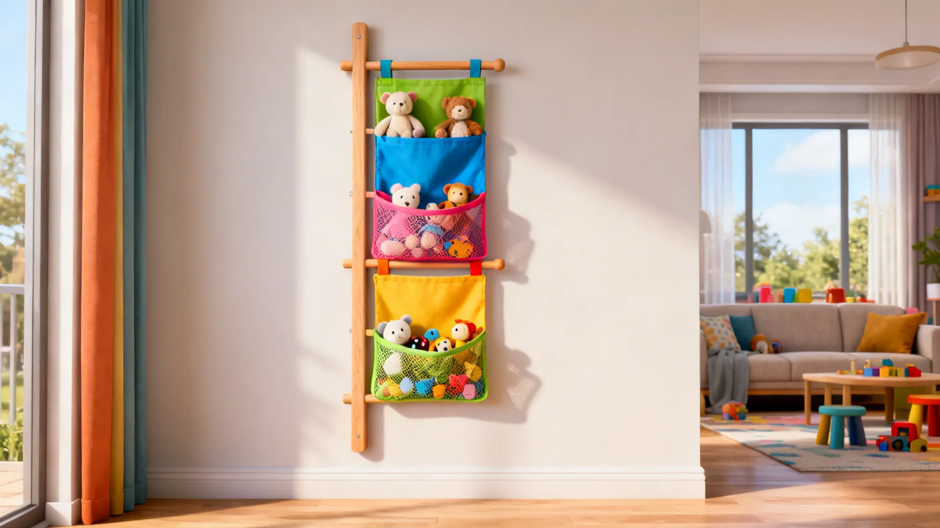 Wall-mounted rail with colorful hanging pockets holding plush toys in a living room