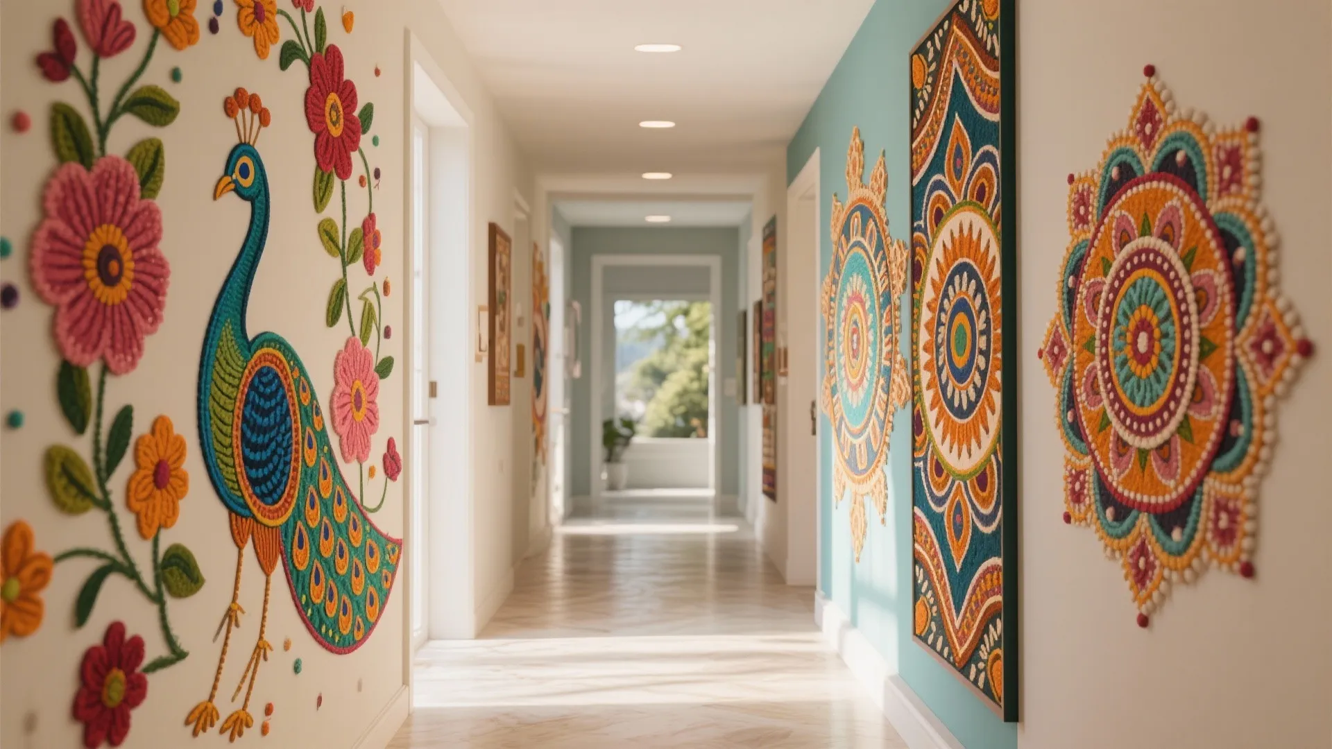 Bright hallway with colorful peacock wall art round patterns light blue walls and ceiling lights