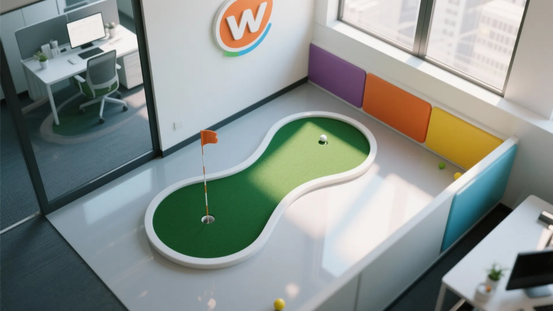 Small office space featuring green mini golf putting green desk chair and colorful wall panels