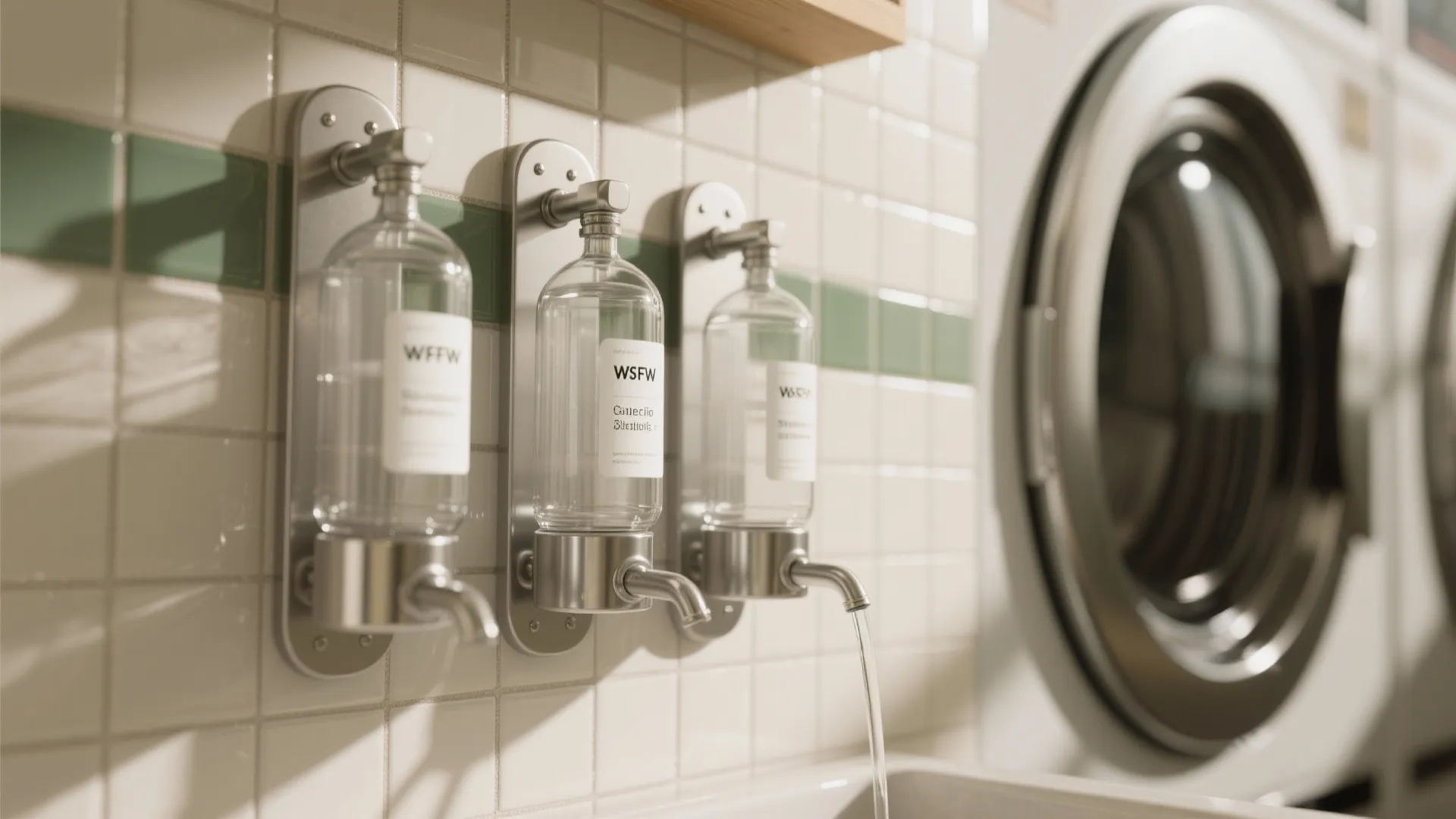 Slim wall-mounted refill dispensers with clear labeled bottles beside a washer.