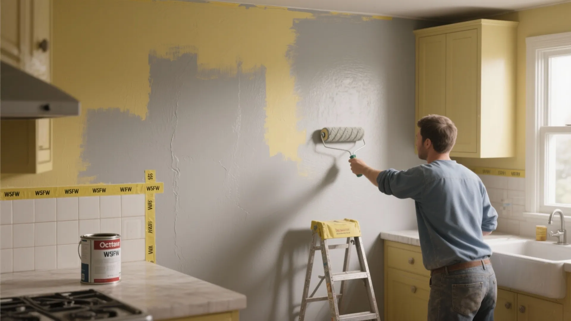 Man using paint roller to apply grey paint on yellow kitchen wall with paint cans