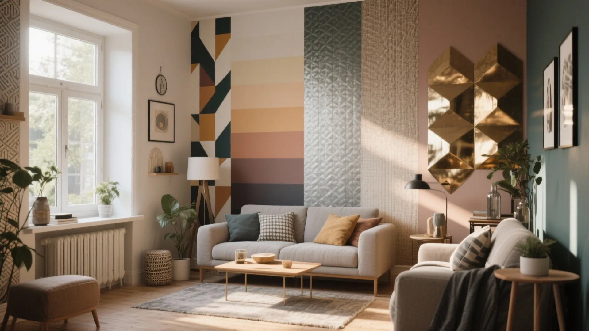 Living room with colorful geometric wallpaper patterns and grey sofa on a wooden floor interior