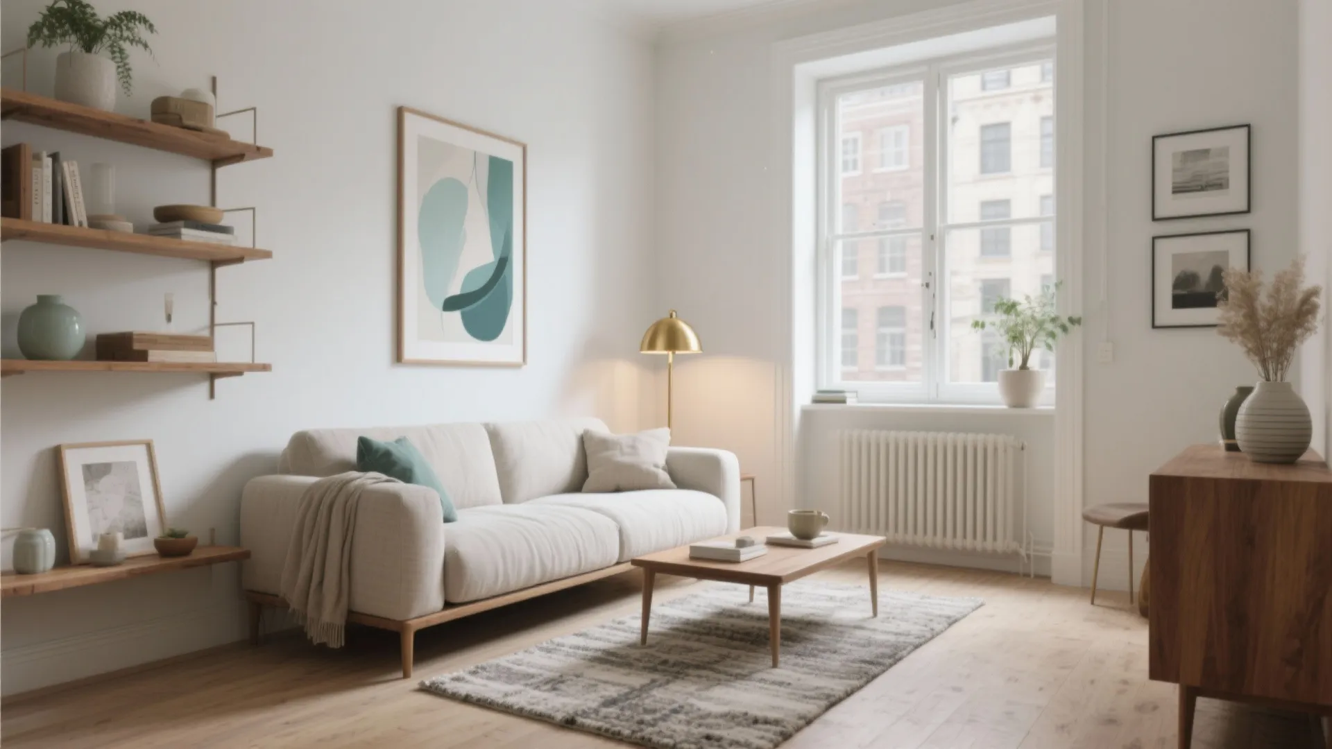 Modern bright living room with white sofa wooden coffee table wall shelves and large window