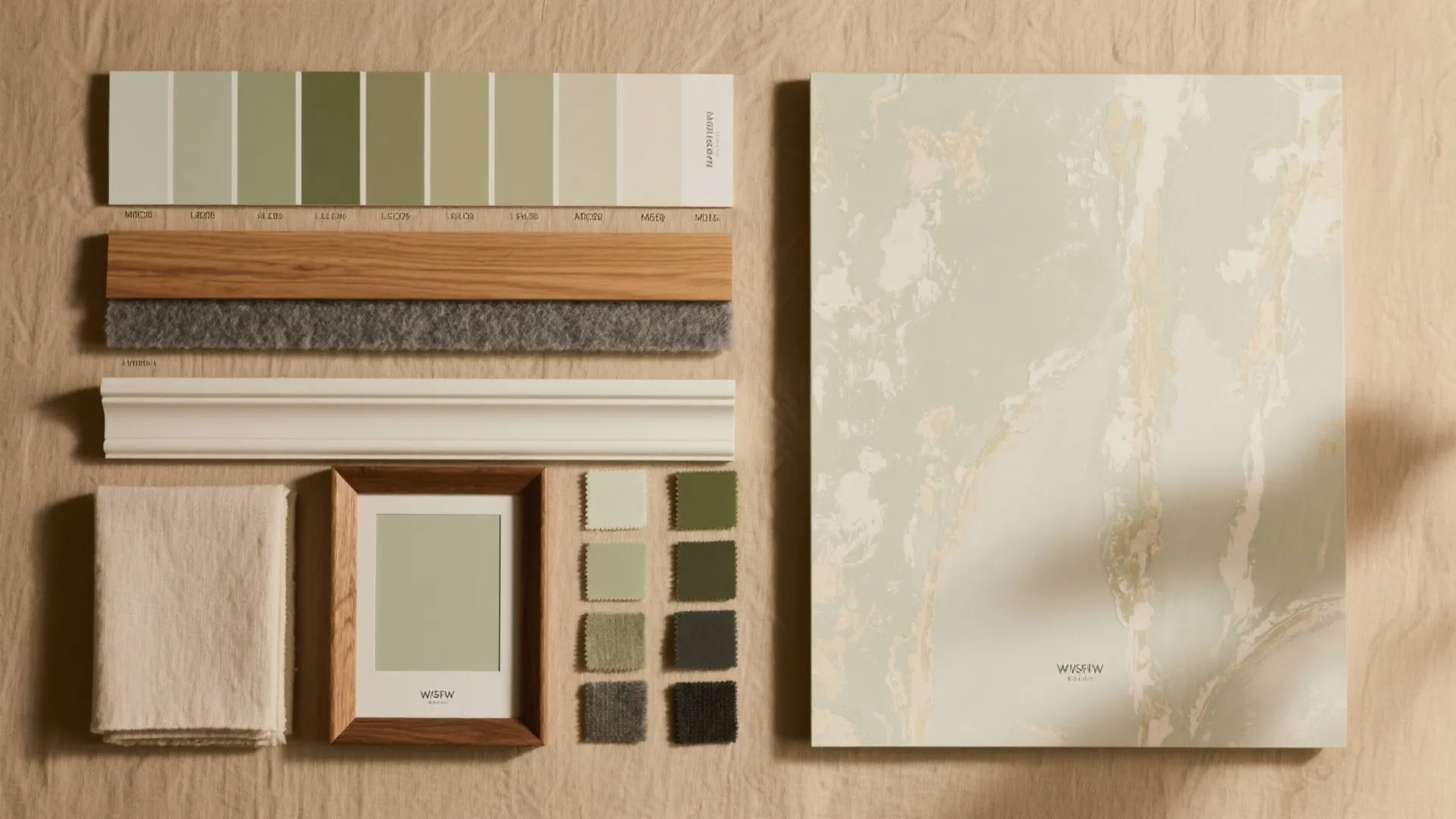 Interior design mood board with green color palette wood samples fabric swatches and marble wall panel