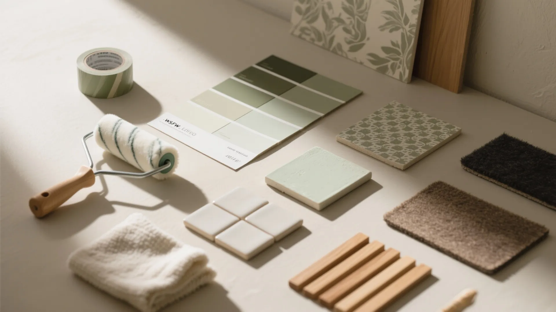 Paint roller with masking tape and green color samples next to tiles and carpet fabric