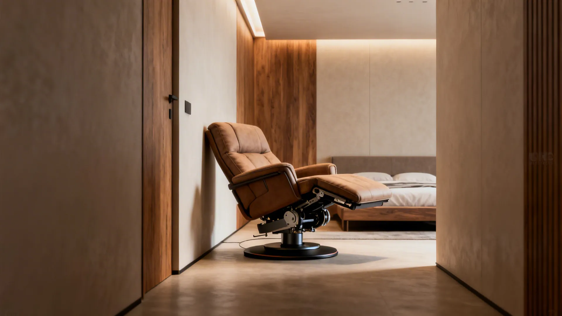 Wall-saver swivel recliner reclined inches from a wall in a narrow studio, preserving circulation space.