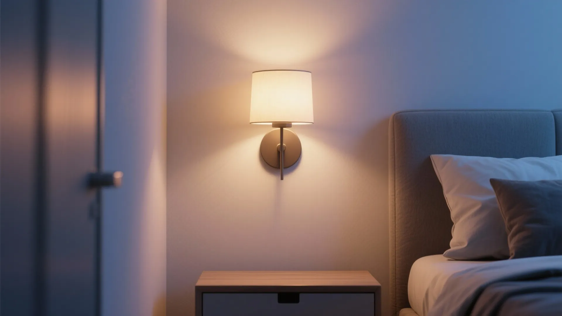 Warm wall light mounted on a plain wall above a small wooden bedside table in bedroom