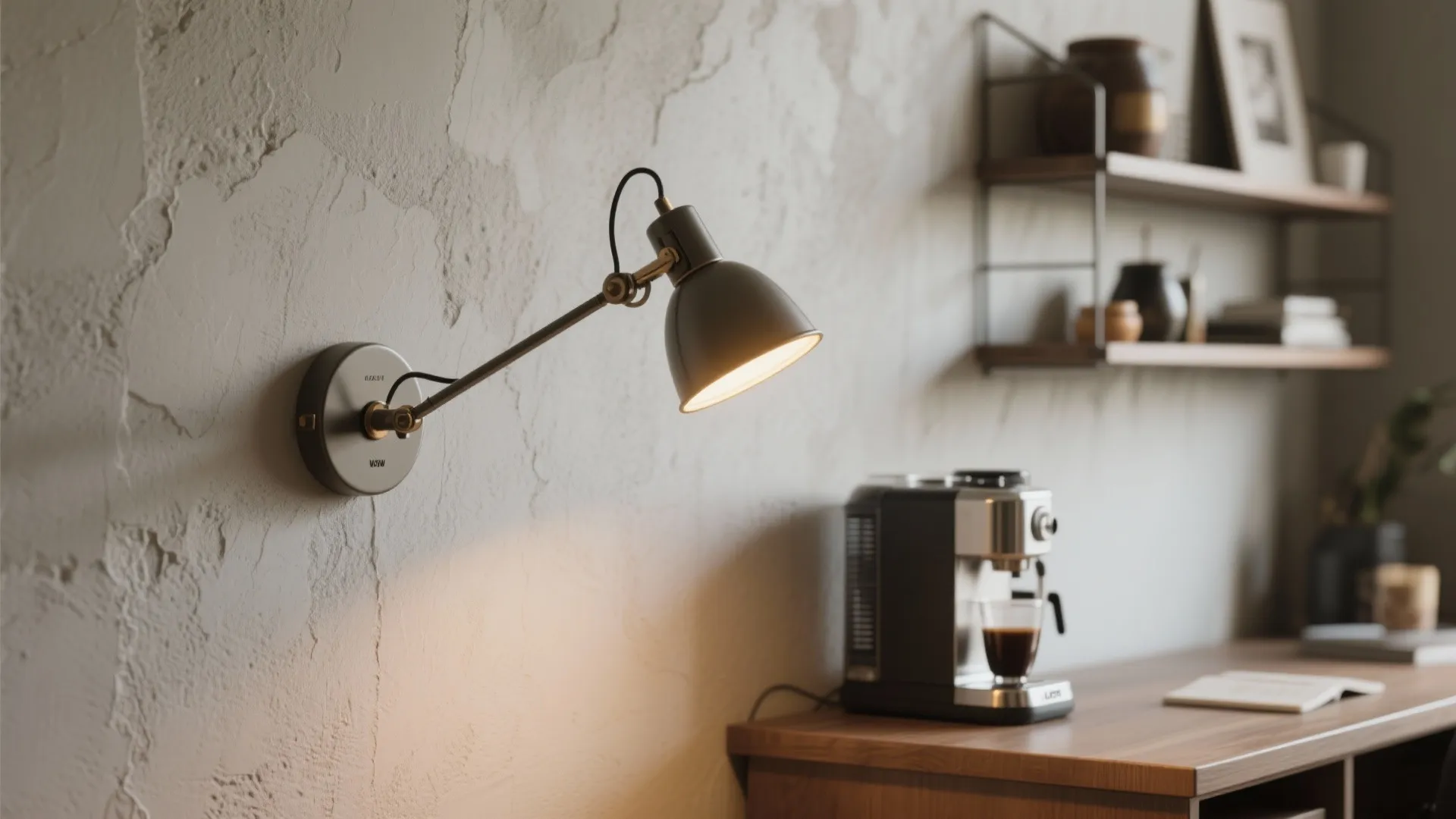 Modern grey wall light on textured wall above coffee machine and a wooden home office