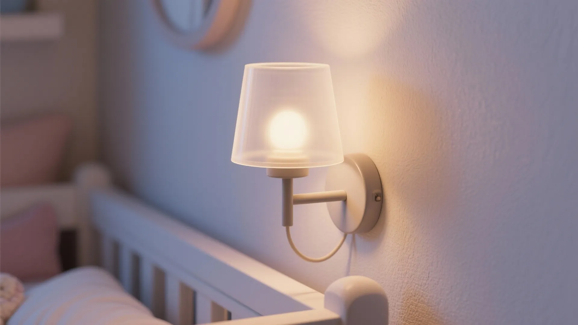 Soft wall sconce providing indirect warm light for quiet night checks in a nursery.