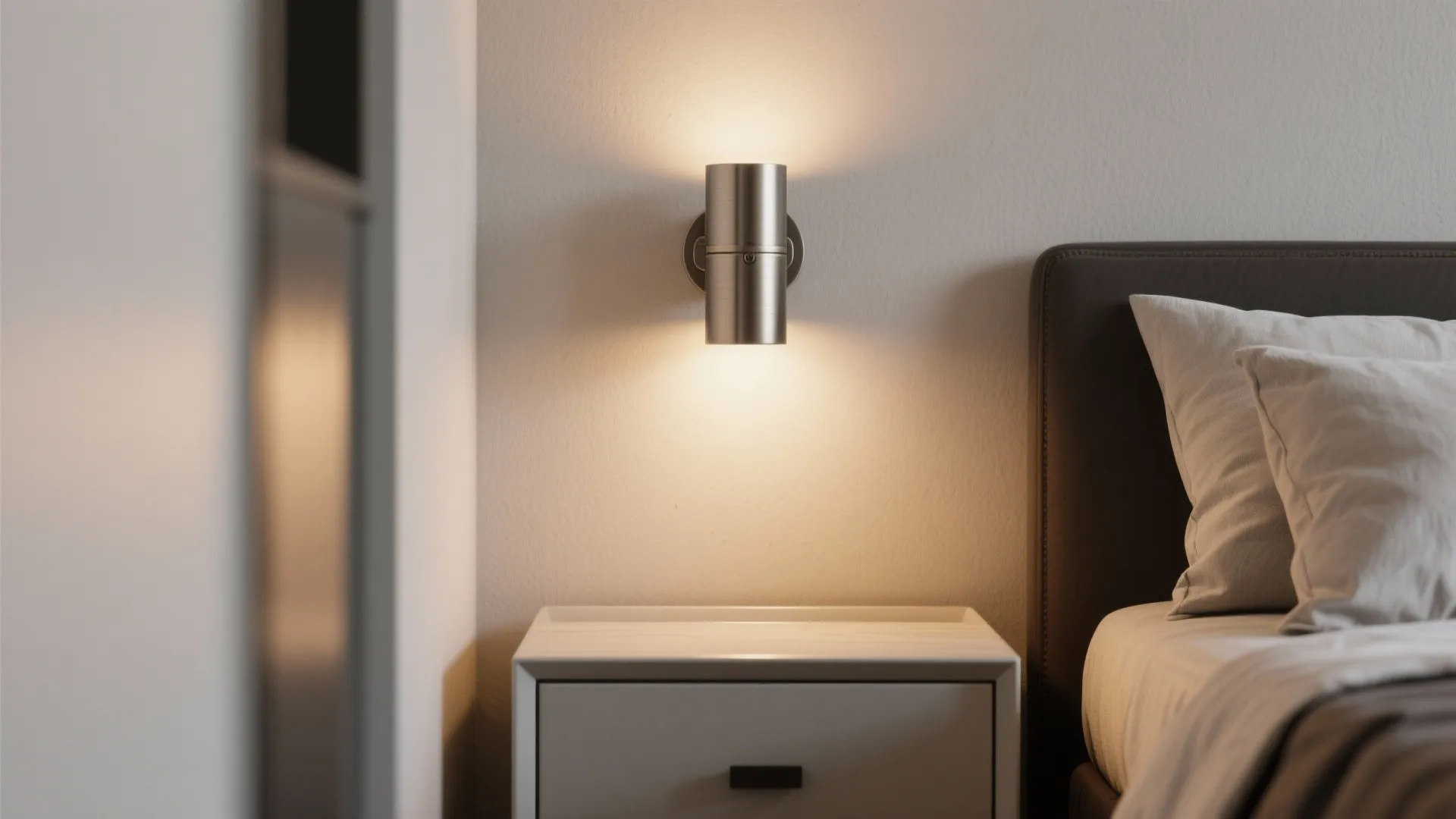 Modern silver wall light mounted above white nightstand in cozy bedroom with soft warm glow