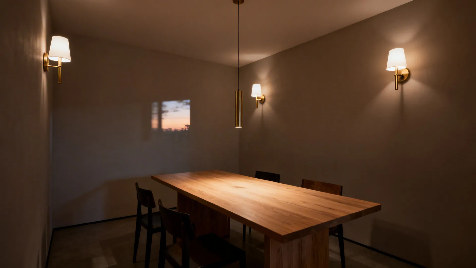 Minimalist dining room with wooden table gold wall lights and a gold ceiling light night