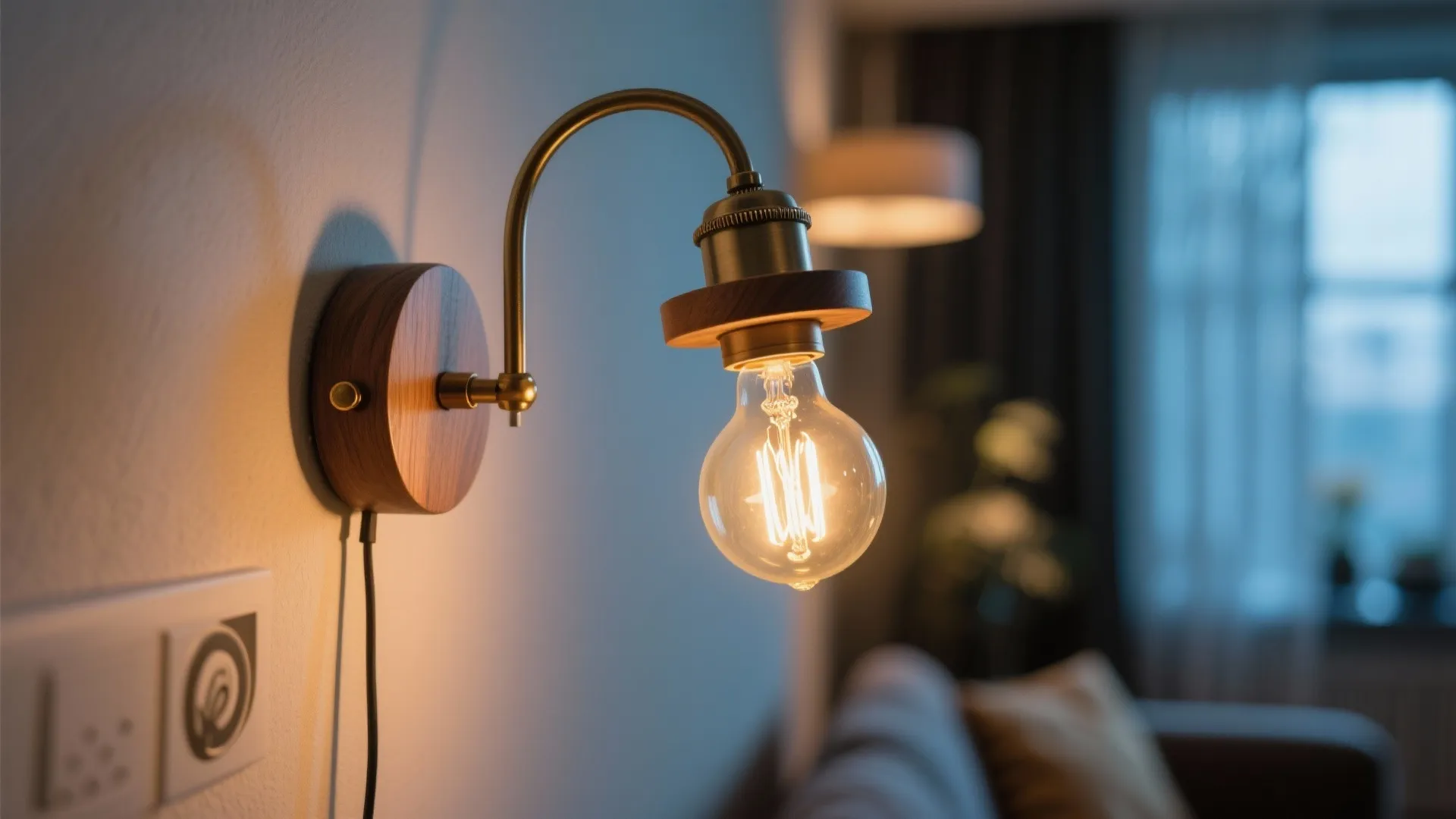 Vintage brass wall light with wood base and clear glass bulb illuminating a living room