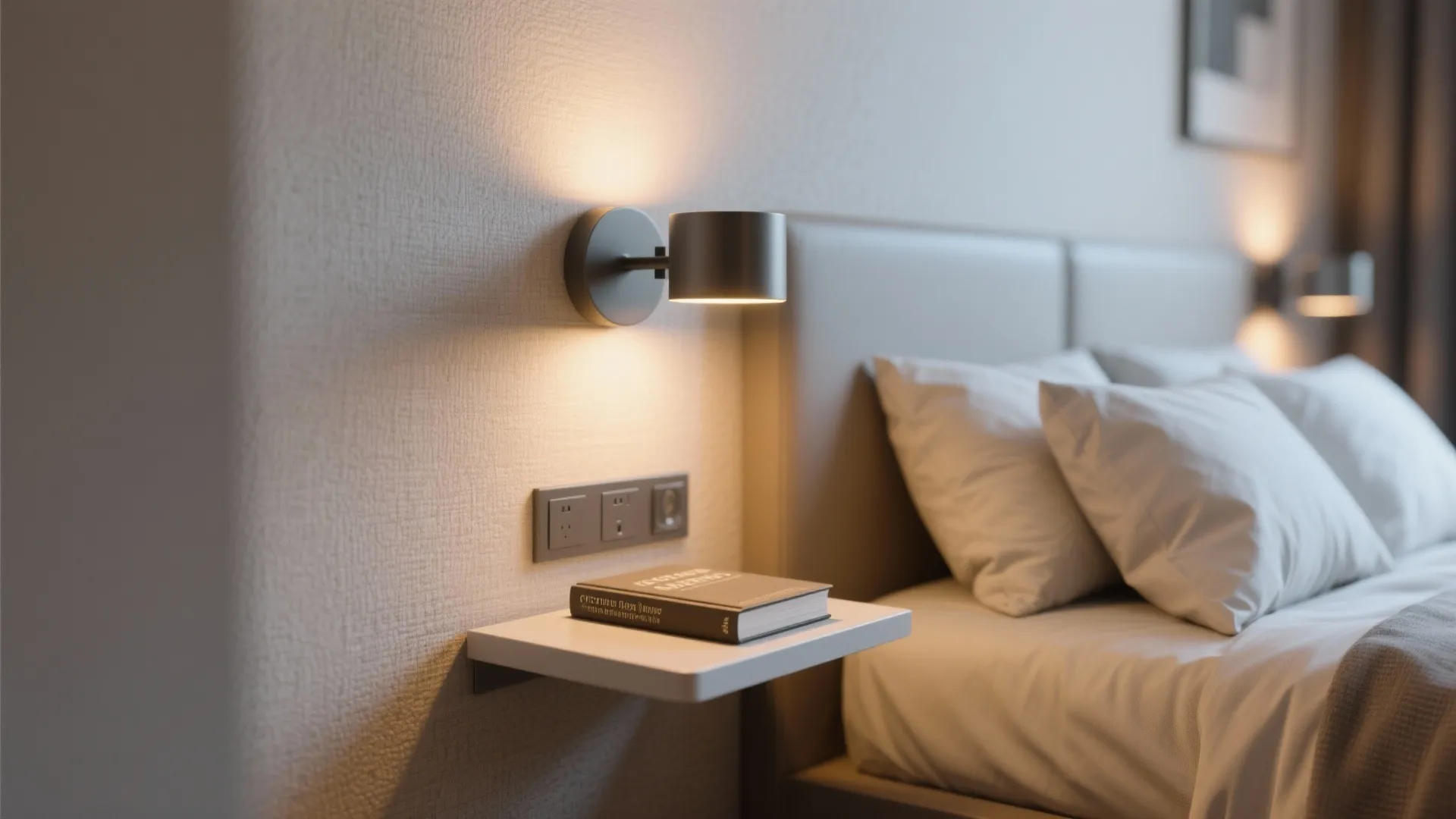 Modern black wall light fixed above a small shelf with a book in a bedroom