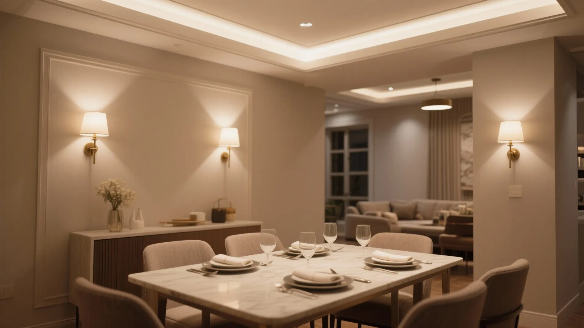 Dining room with wall sconces to enhance height perception