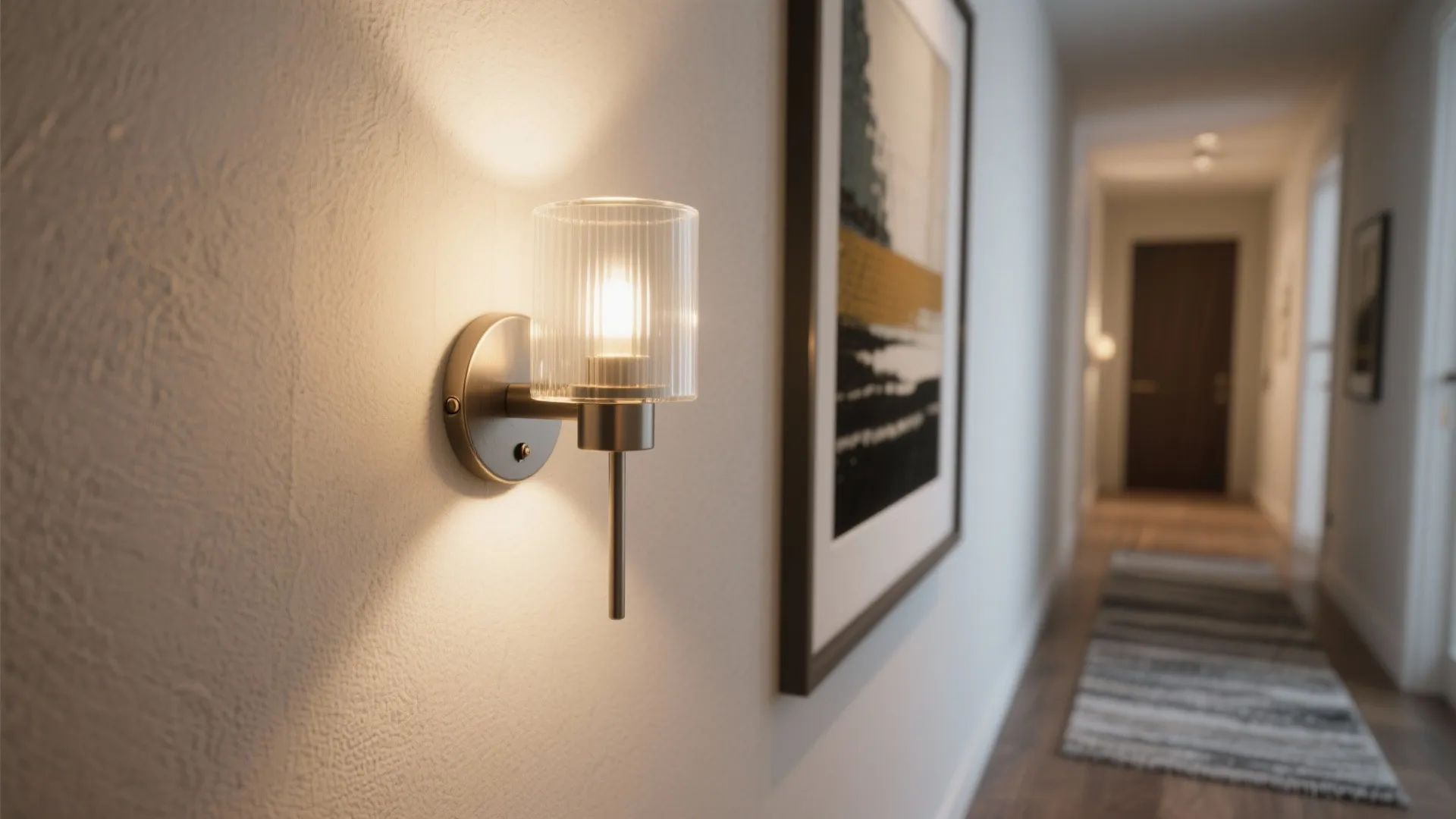 Wall sconce at eye level casting warm light onto framed art and a hallway runner.