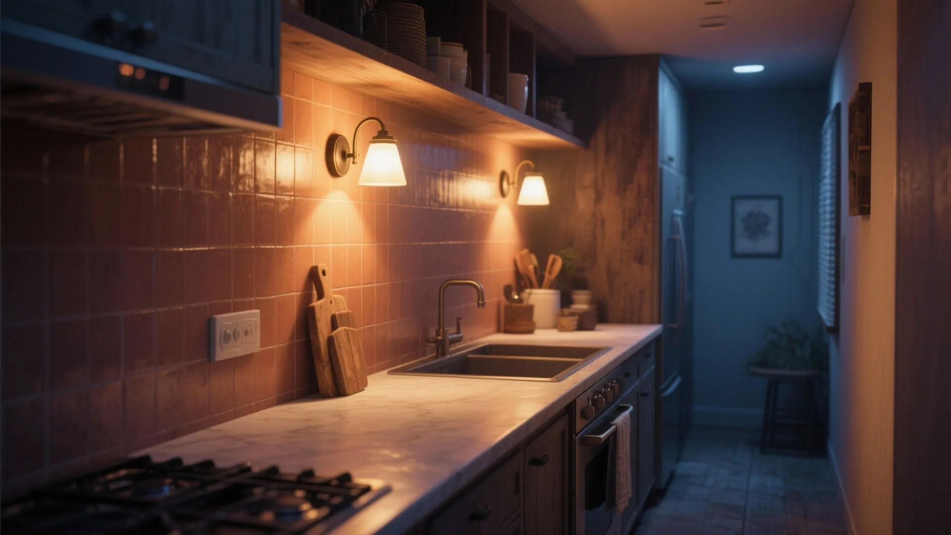 Warm kitchen interior with wooden cabinets tiled backsplash two brass wall lights and metal sink