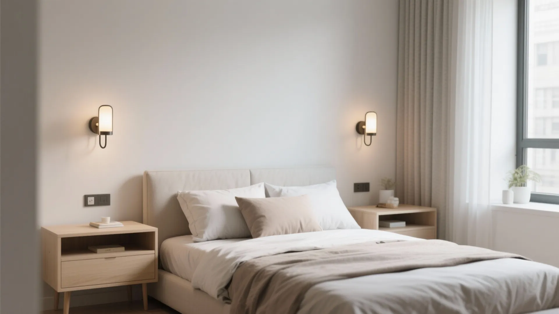 Modern bedroom with beige bed two wooden side tables two wall lights and grey curtains