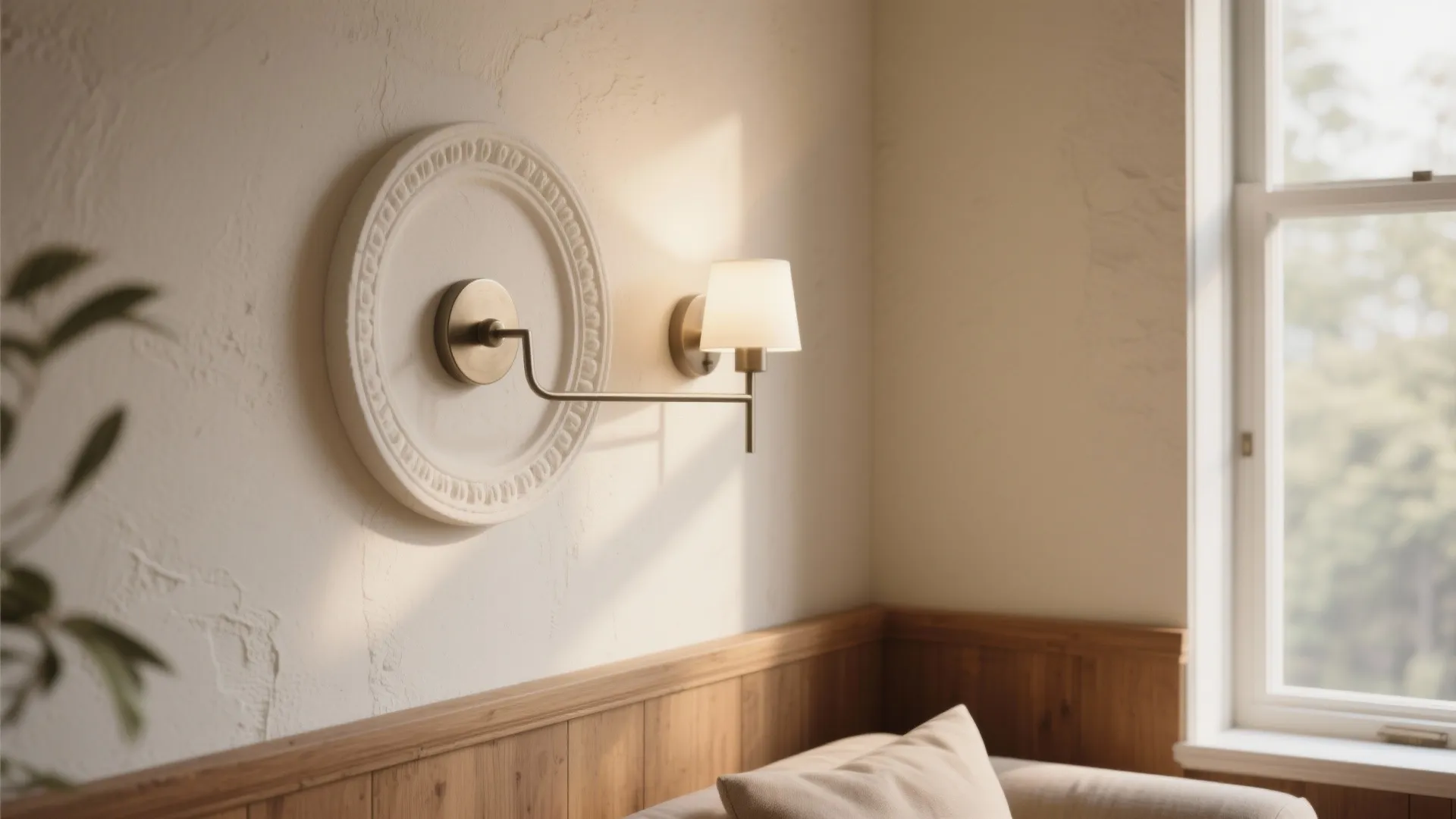 Modern wall light mounted on a decorative round white wall panel in a cozy room