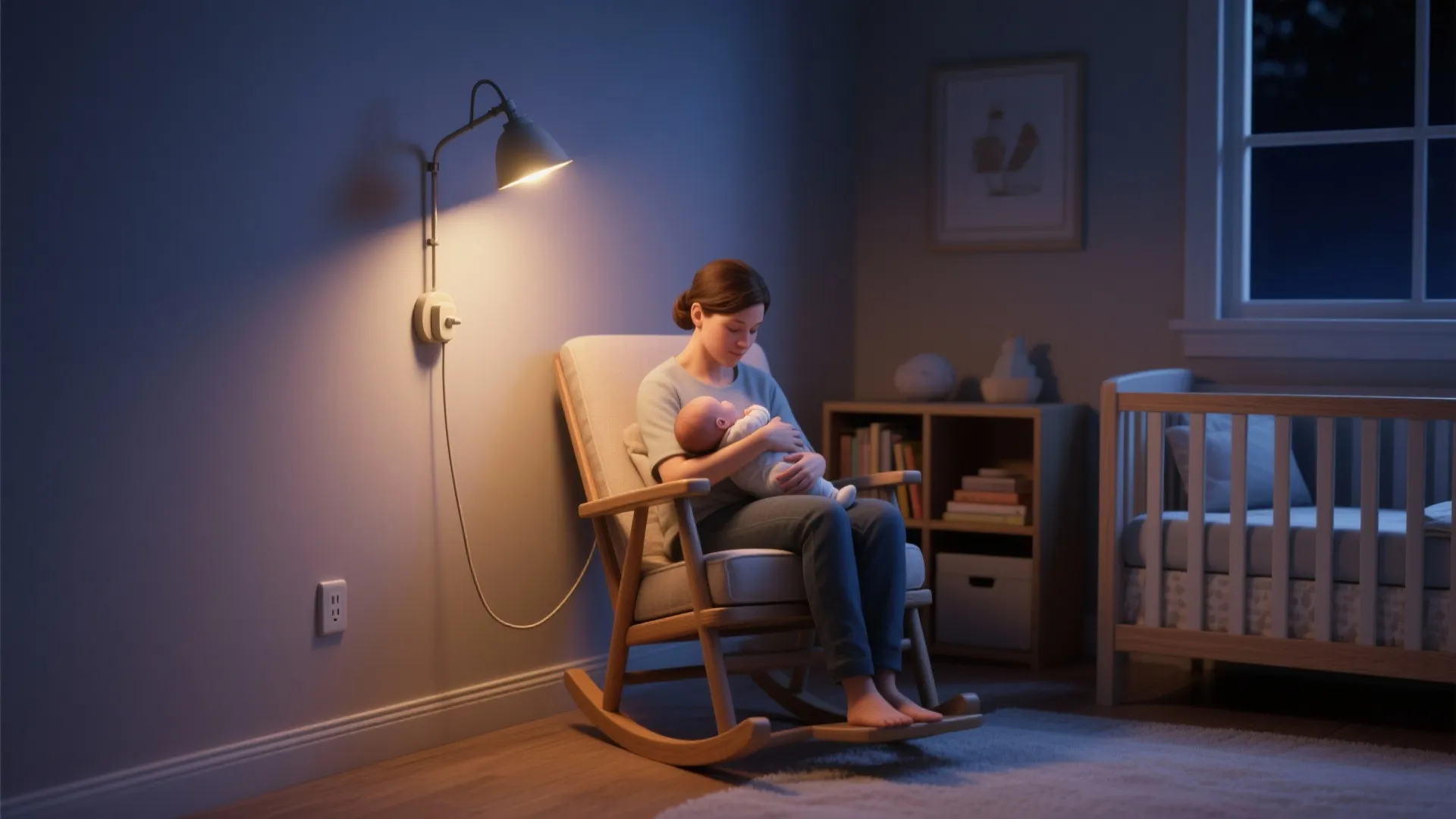 Swing-arm plug-in wall sconce casting warm directional light on a rocking chair during night feeding