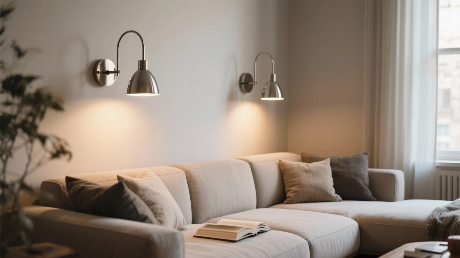 Wall-mounted sconces above a sofa creating a warm reading nook