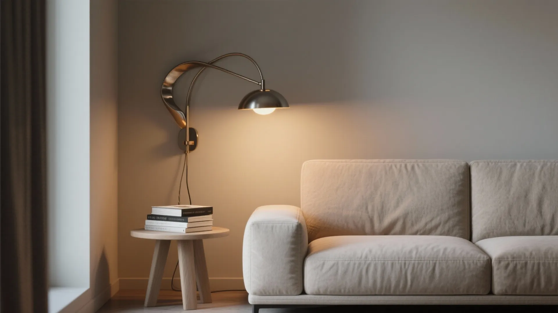 Compact sofa with a sculptural swing-arm wall sconce providing focused reading light in a small living room.