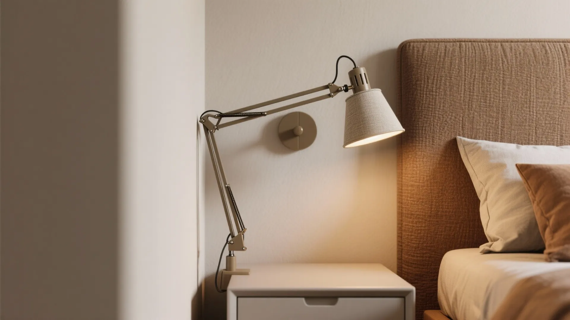 Minimalist bedroom interior featuring a brown bed headboard and a tan adjustable arm wall light