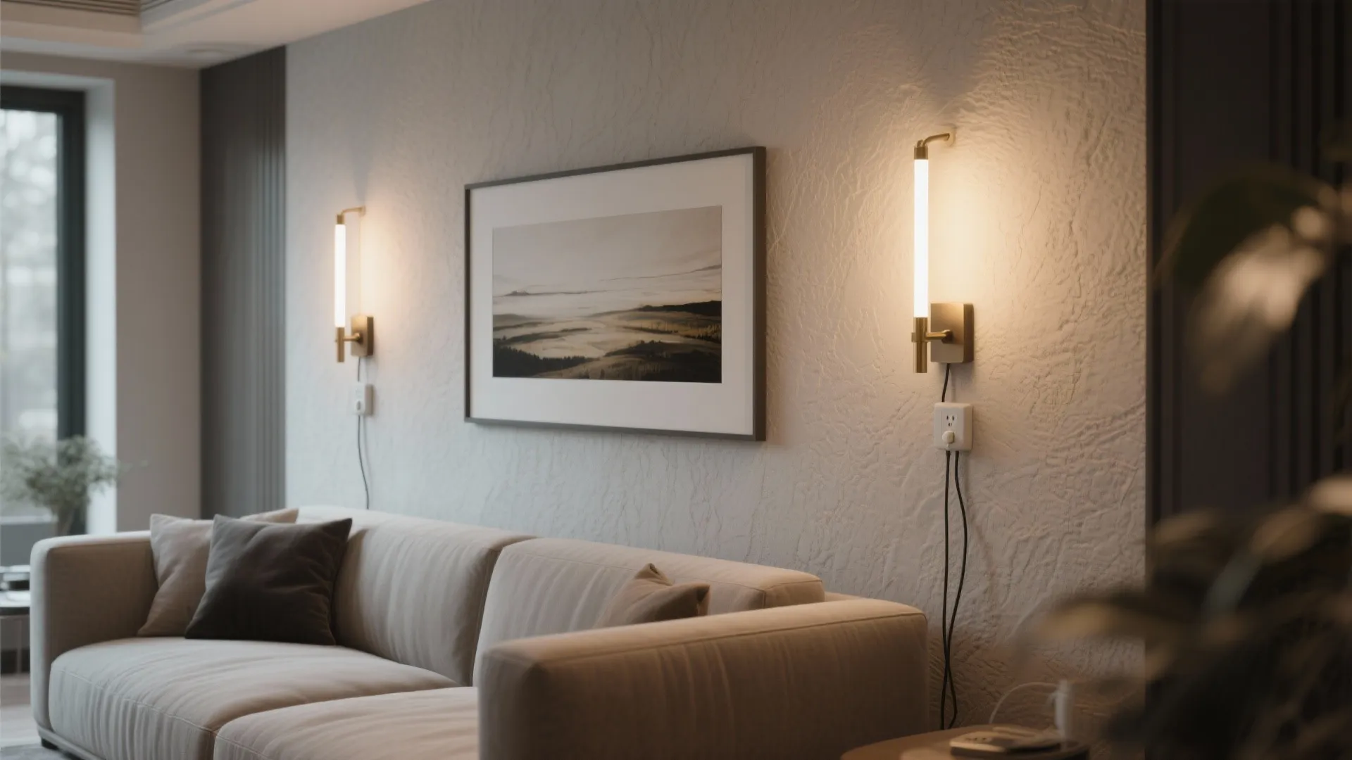 Modern living room wall with vertical wall light fixtures framing a simple framed landscape art piece