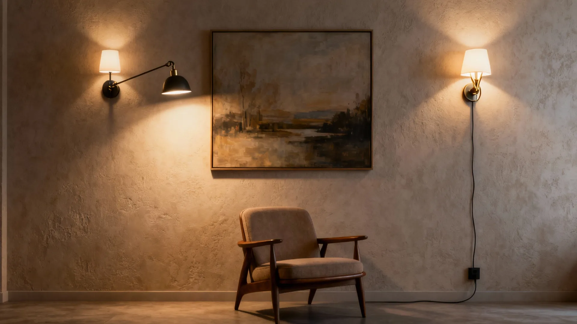 Wall sconces over an armchair highlighting artwork and seating without using floor space
