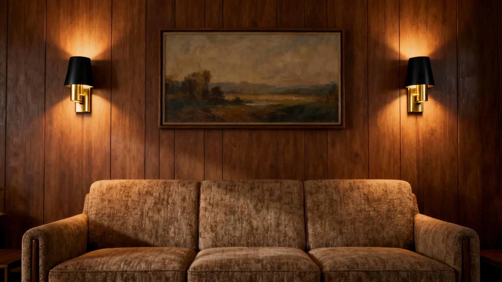 Paired brass and matte black wall sconces casting a warm wash over a mid-century sofa