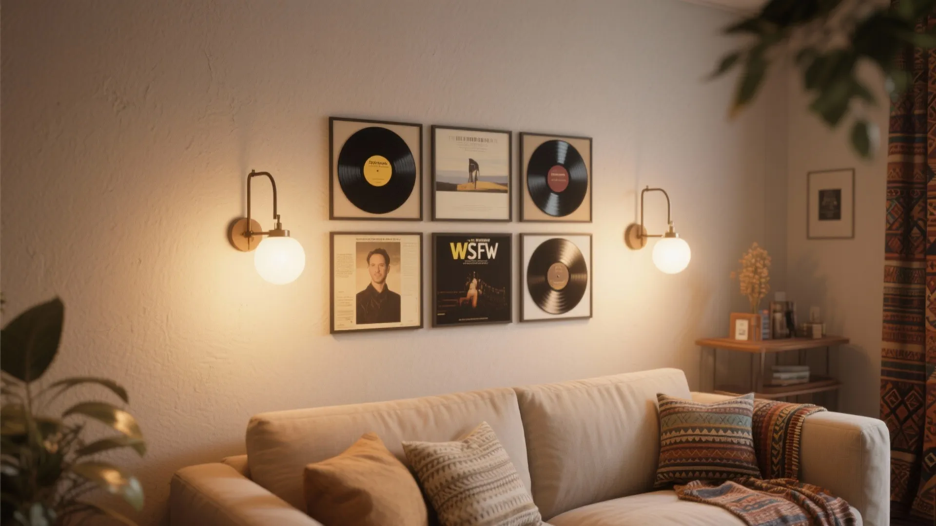 Living room wall with adjustable arm sconces highlighting records