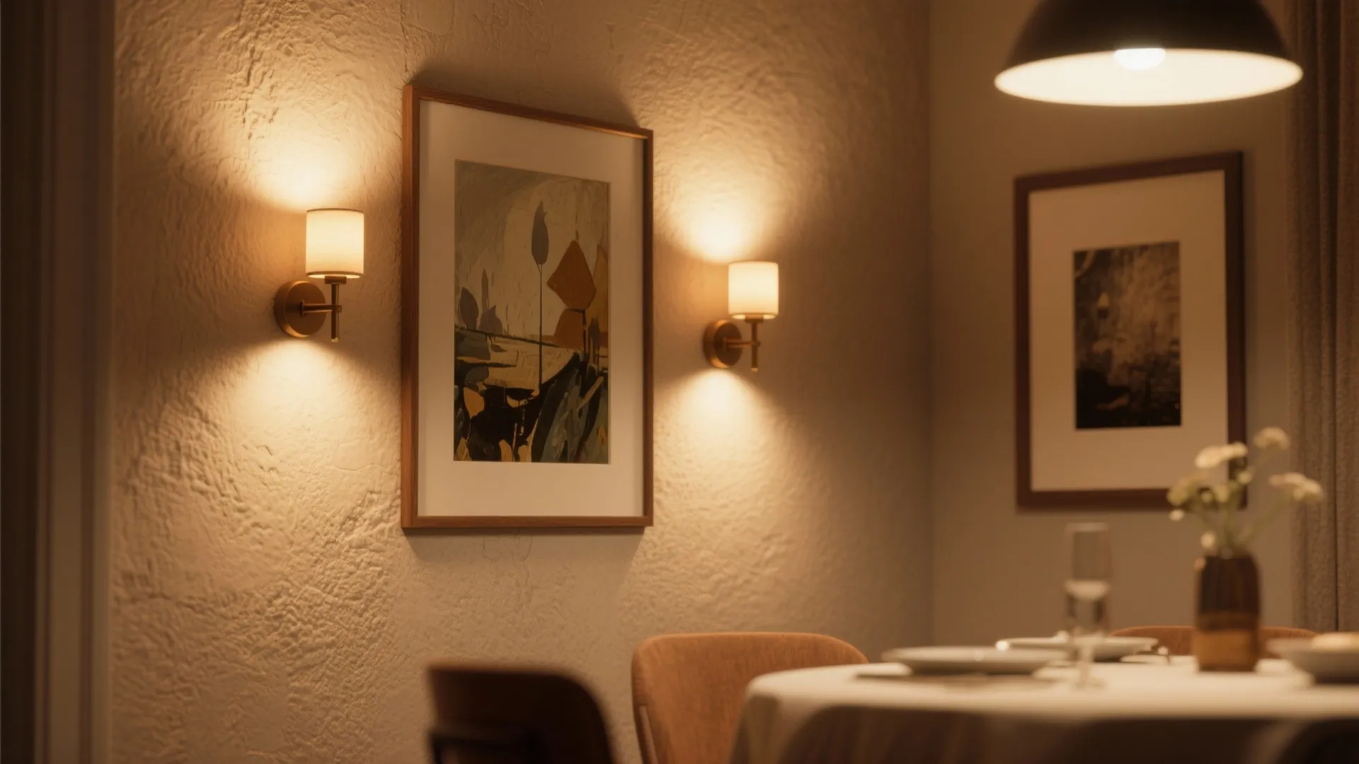 Wall sconces and picture light creating vertical depth and a gallery-like ambience in a small dining room.