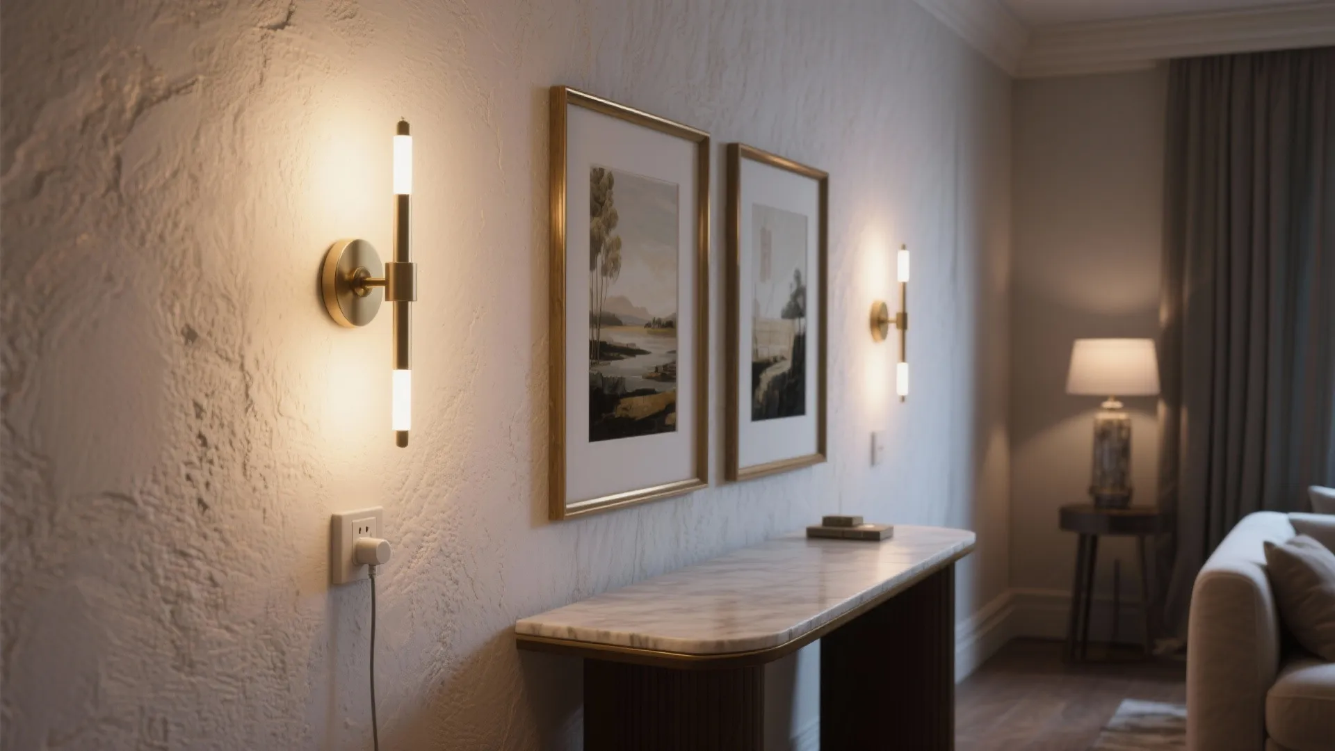 Two gold wall lights next to framed art prints on a textured white bedroom wall