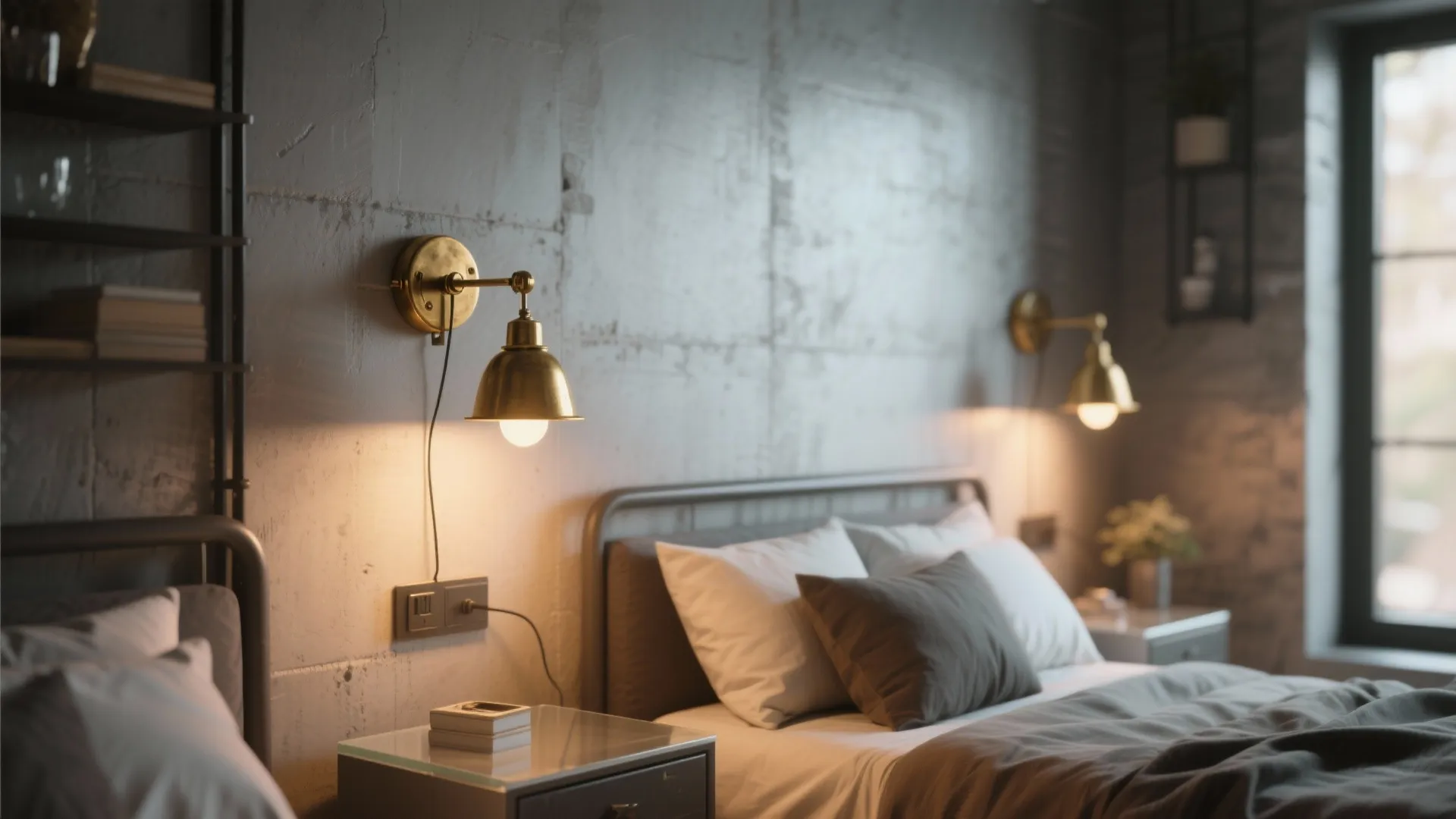 Industrial bedroom design featuring grey concrete walls two brass wall lights and a comfortable bed