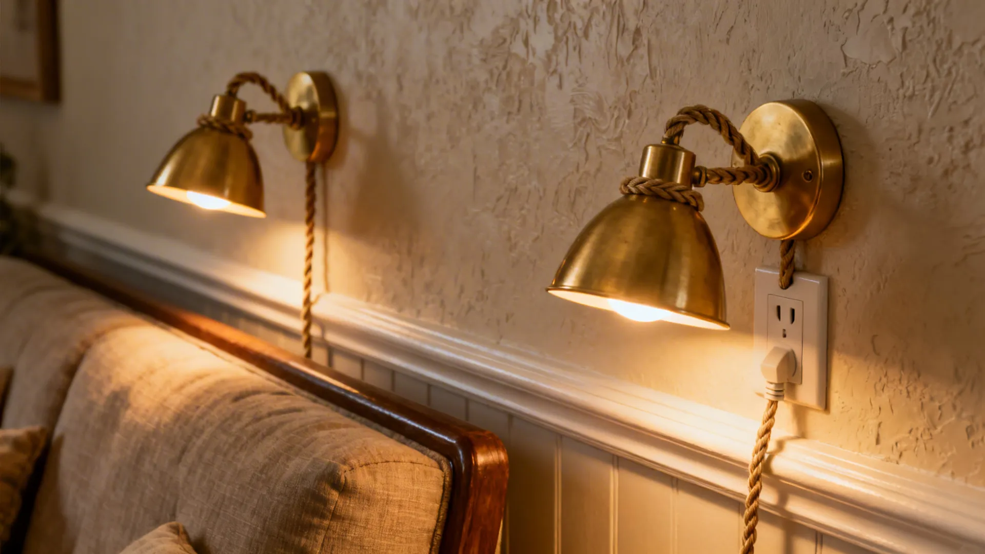 Plug-in wall sconces with dimmable cords beside a sofa, cords hidden with paintable covers.