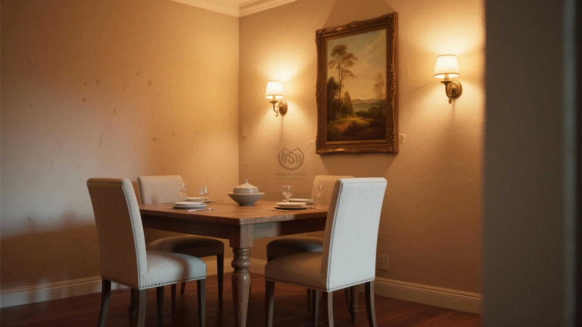 Dining area with wall sconces framing artwork